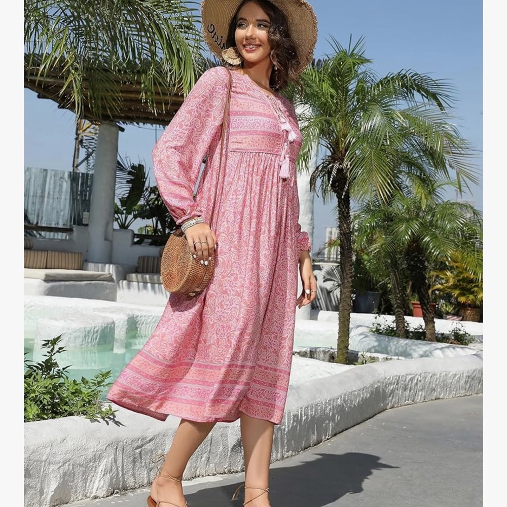 Viviimos Blush Pink Boho Midi Dress XXL Floral Tassel Tie Long Sleeve